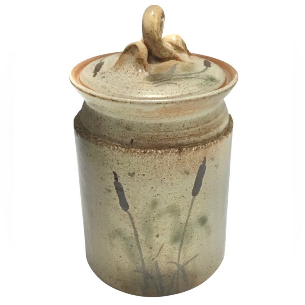 Beautiful Studio Art Pottery Stoneware Cattail Lidded Jar